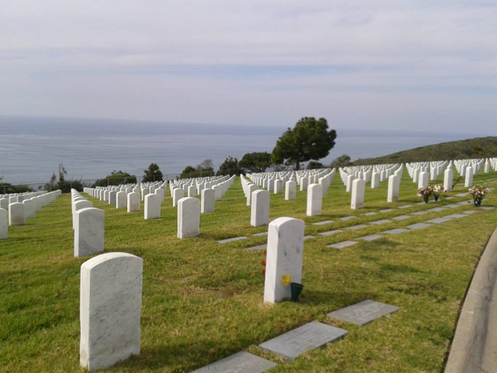 rows of white tombstones in a graveyard with the pacific ocean in the background