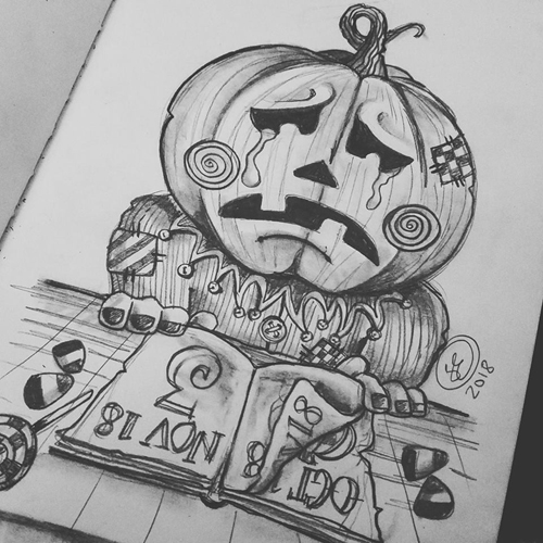 Hand drawn black and white sketch of crying pumpkin looking a the diary date of 3 Nov for Halloween Stories and Art from Around the World for Blogtober