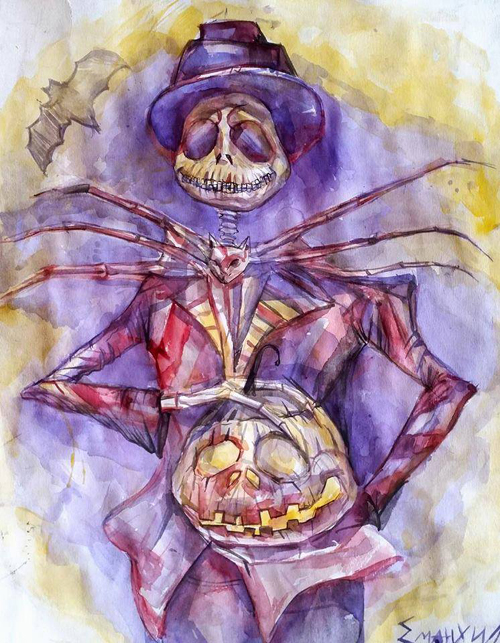 Painting of a skelton man holding a pumpkin head with a bat flying over his hat