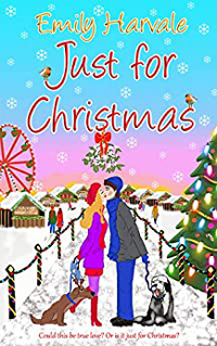 book cover titled just for Christmas by Emily Harvale picturing a man and woman kissing by a festive funfair and christmas tree holding two dogs, perfect Festive read for dog lovers