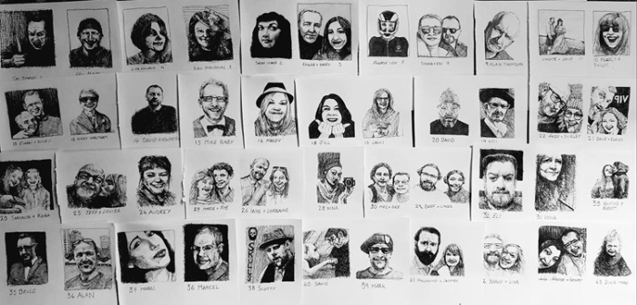 collage of over 50 portrait sketches of men and women by the artist Skelf for a lockdown art project called Book of Faces