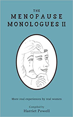 blue book cover with an oval centre piece picturing a womans face crying holding a happy mask title The Menopause Monologues by Harriet Powell