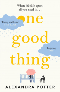 book cover titled one good thing by alexandra potter showing a person sitting on a bench with a pink umbrella and a dog standing beside them