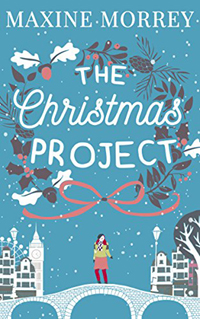 blue book cover depicting a woman standing on a bridge in london titled the christmas project by Maxine Morrey