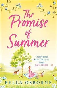 book cover for the promise of summer by author bella osborne depicting a woman sitting under a tree with a dog