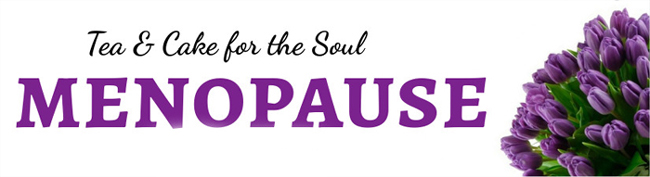 banner showing a bunch of purple tulips with the text Tea and cake for the soul menopause