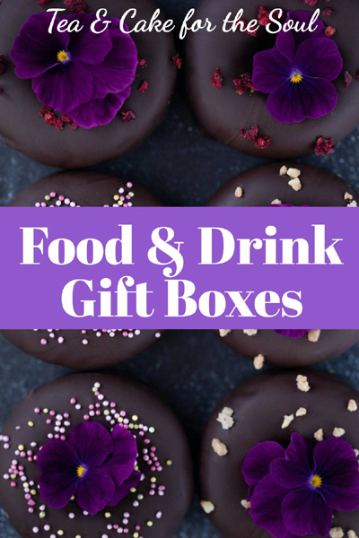 photo of 6 round chocolates with violet flowers on and the text Tea and cake for the soul food and drink gift boxes